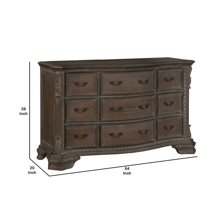 9 Drawers Wooden Dresser with Engraved Details and Bracket Feet, Brown
