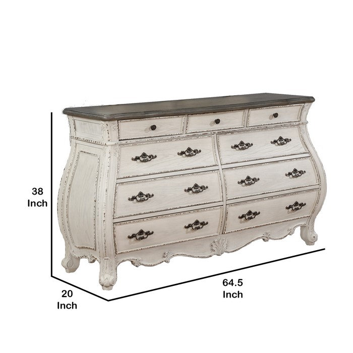 9 Drawers Wooden Frame Dresser with Curved Bottom, White and Brown