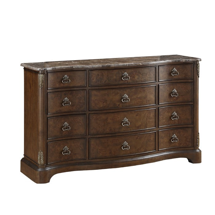 12 Drawers Wooden Frame Dresser with Leaf Engraving on Edges, Dark Brown - BM215151