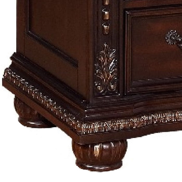 11 Drawers Wooden Dresser with Engraved Details and Bun Feet, Cherry Brown