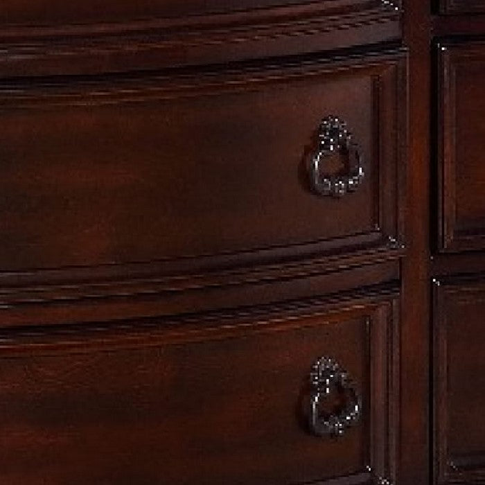 11 Drawers Wooden Dresser with Engraved Details and Bun Feet, Cherry Brown