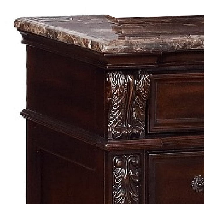11 Drawers Wooden Dresser with Engraved Details and Bun Feet, Cherry Brown