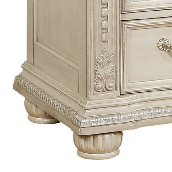 11 Drawers Wooden Dresser with Engraved Details and Bun Feet, Antique White