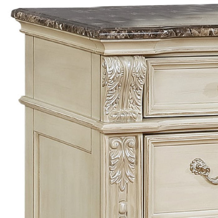 11 Drawers Wooden Dresser with Engraved Details and Bun Feet, Antique White