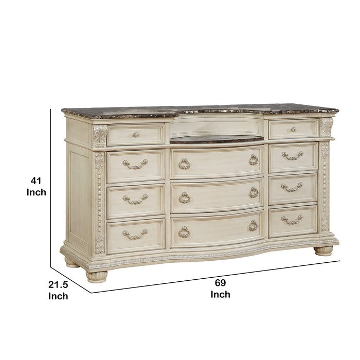 11 Drawers Wooden Dresser with Engraved Details and Bun Feet, Antique White