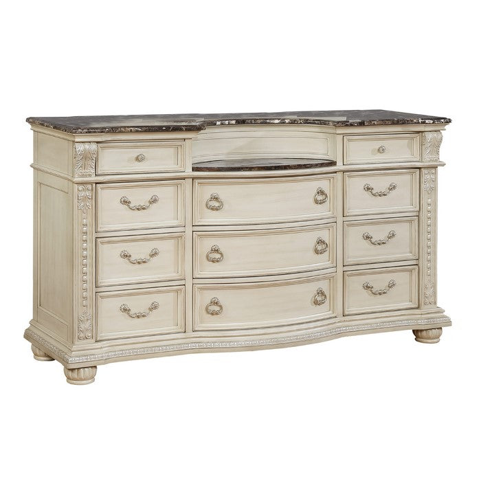 11 Drawers Wooden Dresser with Engraved Details and Bun Feet, Antique White