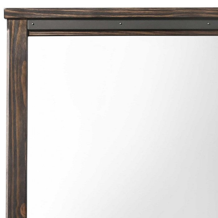 Rectangular Wooden Dresser Top Mirror with Metal Accent, Brown and Silver - BM215178
