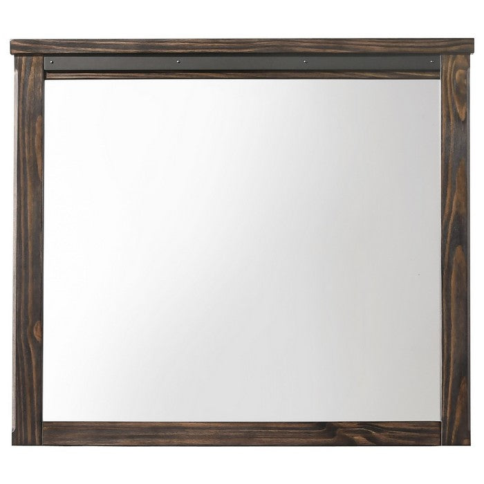 Rectangular Wooden Dresser Top Mirror with Metal Accent, Brown and Silver - BM215178