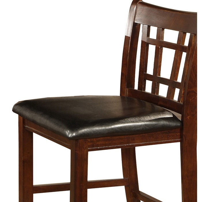 Leatherette Wooden Counter Chair with Lattice Cut Out Back, Set of 2, Brown