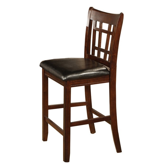 Leatherette Wooden Counter Chair with Lattice Cut Out Back, Set of 2, Brown