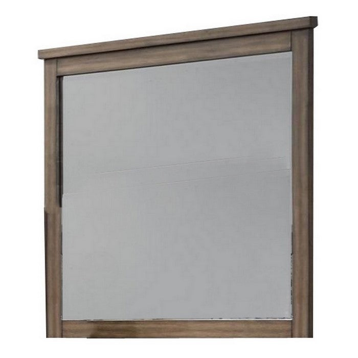 Rectangular Grained Wooden Frame Dresser Top Mirror, Brown and Silver