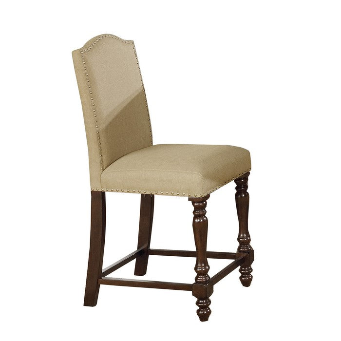 Scalloped Back Fabric Upholstered Counter Chair, Set of 2, Beige and Brown