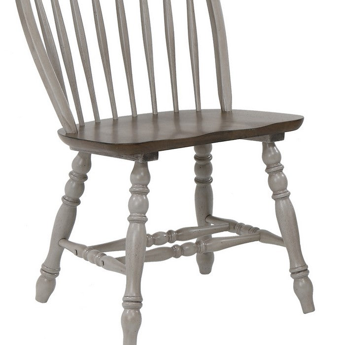 Windsor Back Wooden Side Chair with Turned Legs, Set of 2, Gray and Brown - BM215221
