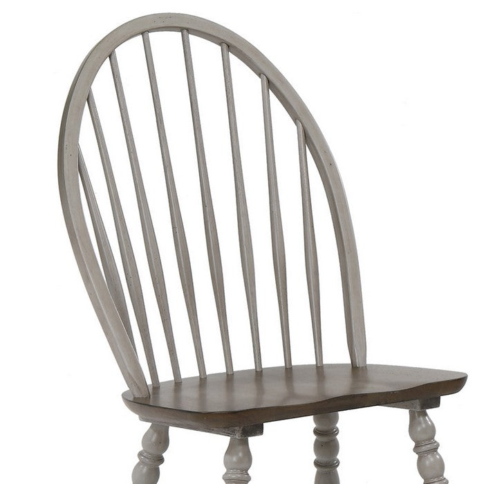Windsor Back Wooden Side Chair with Turned Legs, Set of 2, Gray and Brown - BM215221