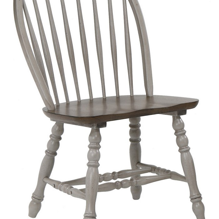 Windsor Back Wooden Side Chair with Turned Legs, Set of 2, Gray and Brown - BM215221