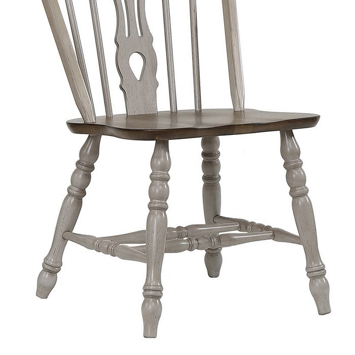 Fiddle Windsor Back Chair with Angled Turned Legs, Set of 2, Gray and Brown - BM215222