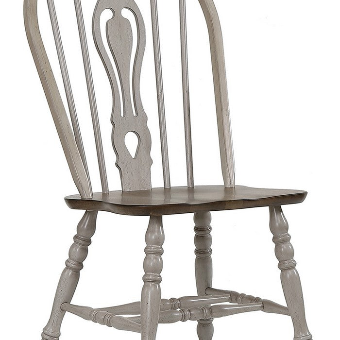 Fiddle Windsor Back Chair with Angled Turned Legs, Set of 2, Gray and Brown - BM215222