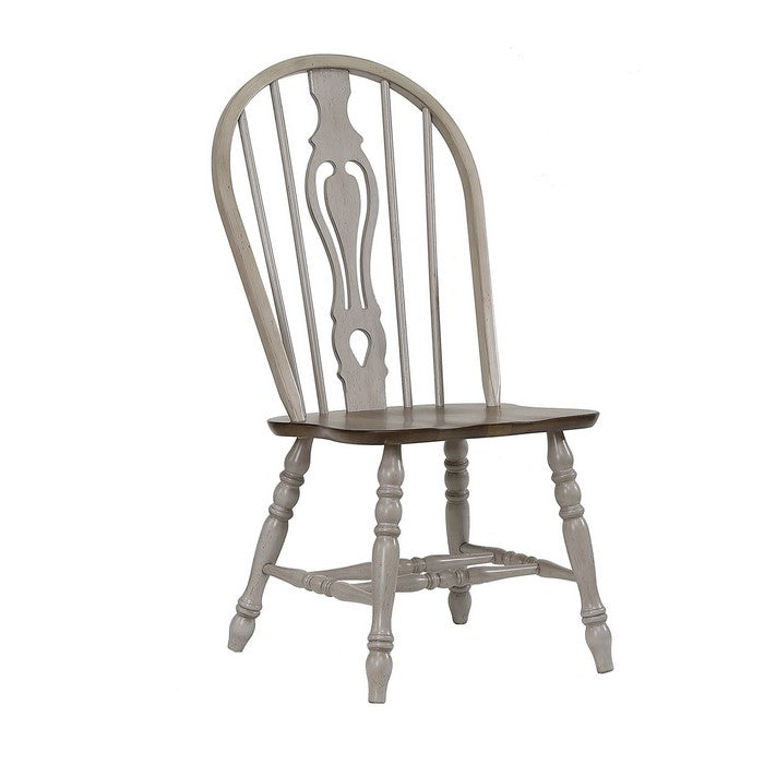 Fiddle Windsor Back Chair with Angled Turned Legs, Set of 2, Gray and Brown - BM215222