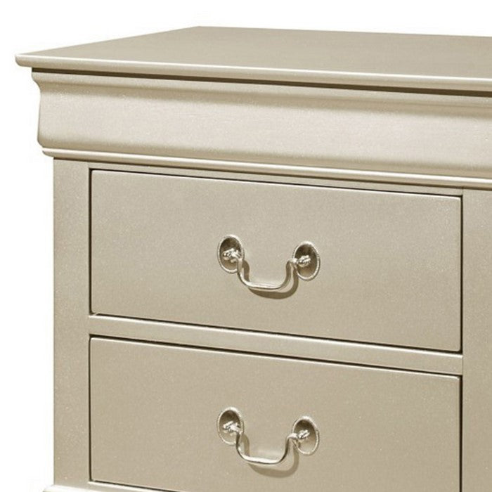 2 Drawers Wooden Frame Nightstand with Antique Metal Pulls, Champagne Silver - BM215225