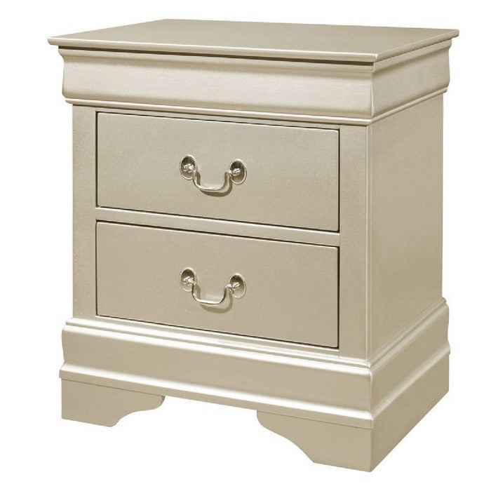 2 Drawers Wooden Frame Nightstand with Antique Metal Pulls, Champagne Silver - BM215225