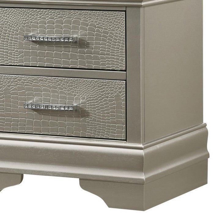 2 Drawers Wooden Nightstand with Faux Crystal Accent Pull Handles, Silver - BM215226