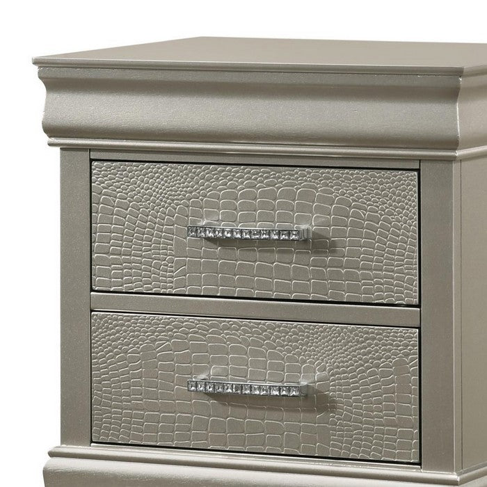 2 Drawers Wooden Nightstand with Faux Crystal Accent Pull Handles, Silver - BM215226