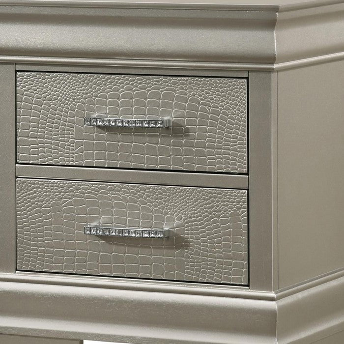 2 Drawers Wooden Nightstand with Faux Crystal Accent Pull Handles, Silver - BM215226