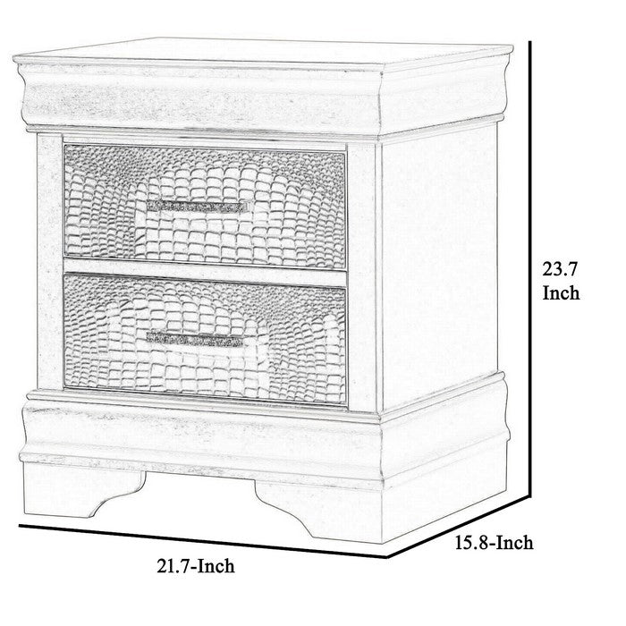 2 Drawers Wooden Nightstand with Faux Crystal Accent Pull Handles, Silver - BM215226
