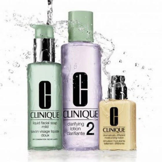 Clinique 3 Steps system for Dry / Dry Combination Skin Set: dramatically moisturizing Lotion 4.2 oz / 125 ml Clarifying Lotion 2 13.5 oz / 400 ml Liquid Facial Soap Mild 6.7 oz / 200 ml