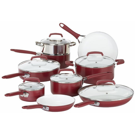 WearEver Ceramic Cookware, Red Pots and Pans, Scratch Resistant, Dishwasher Safe, Oven Safe Cookware Set, 15-Piece, Model C943SF