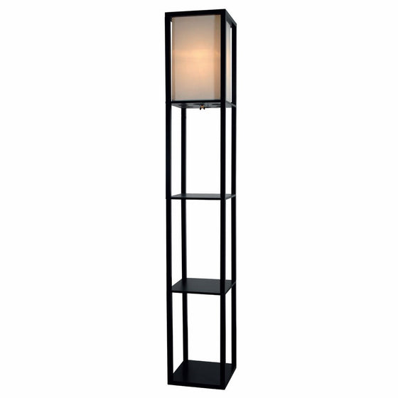 Wooden Shelves Floor Lamp with White Linen Shade (Black)