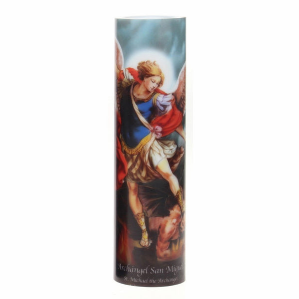 The Saints Collection St. Michael Flickering LED Prayer Candle with Timer, Prayer in English and Spanish, Religious Gift Ideas for Family and Friends