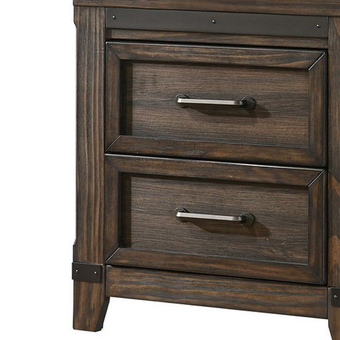 Wooden Frame Nightstand with 2 Drawers and Metal Corner Accents, Dark Brown - BM215237