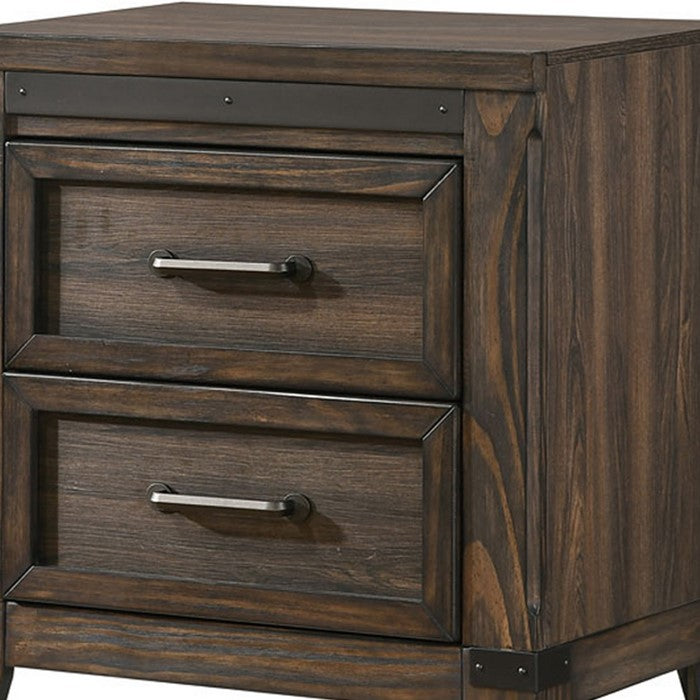 Wooden Frame Nightstand with 2 Drawers and Metal Corner Accents, Dark Brown - BM215237