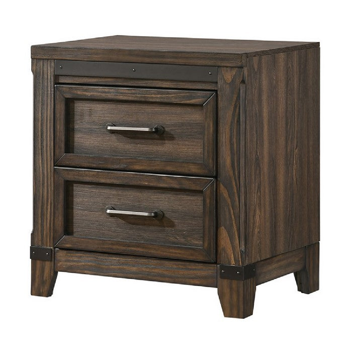 Wooden Frame Nightstand with 2 Drawers and Metal Corner Accents, Dark Brown - BM215237