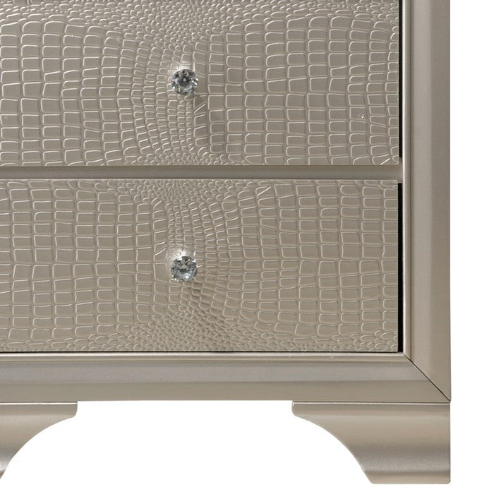 2 Drawer Nightstand with Textured Fronts and Crystal Knobs,Champagne Sliver - BM215243