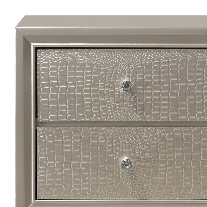 2 Drawer Nightstand with Textured Fronts and Crystal Knobs,Champagne Sliver - BM215243