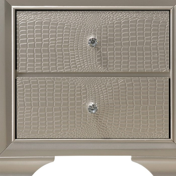 2 Drawer Nightstand with Textured Fronts and Crystal Knobs,Champagne Sliver - BM215243