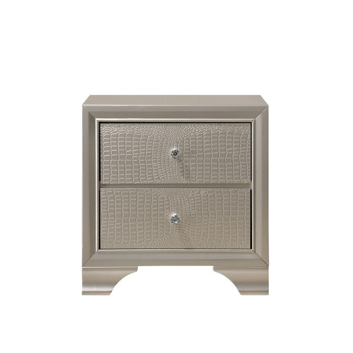 2 Drawer Nightstand with Textured Fronts and Crystal Knobs,Champagne Sliver - BM215243