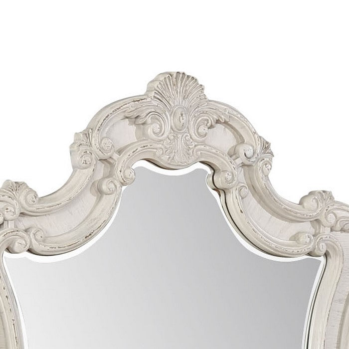 Dresser Top Mirror with Arched Top and Curved Details, White and Silver