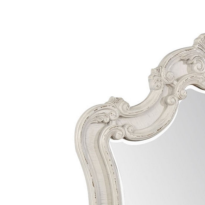 Dresser Top Mirror with Arched Top and Curved Details, White and Silver