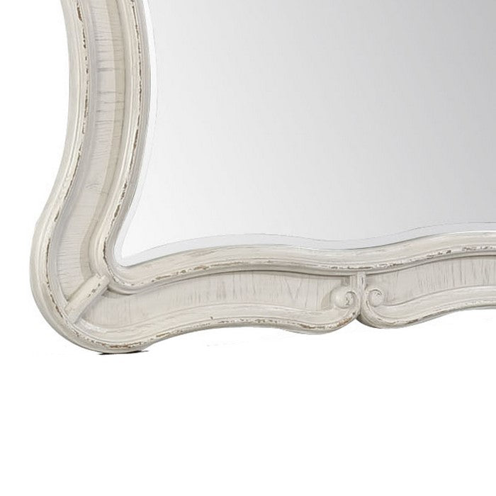 Dresser Top Mirror with Arched Top and Curved Details, White and Silver