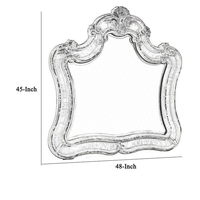 Dresser Top Mirror with Arched Top and Curved Details, White and Silver