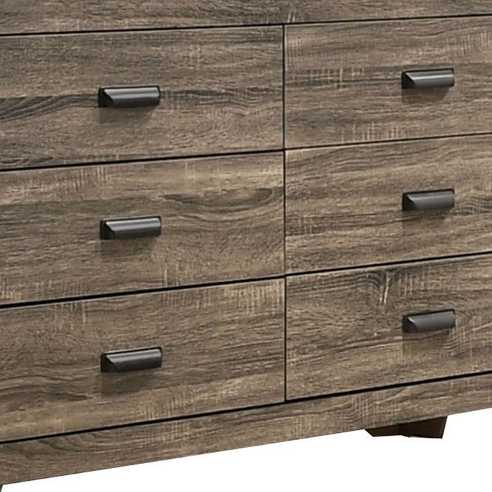 6 Drawer Wooden Dresser with Metal Pulls and Tapered Legs, Brown