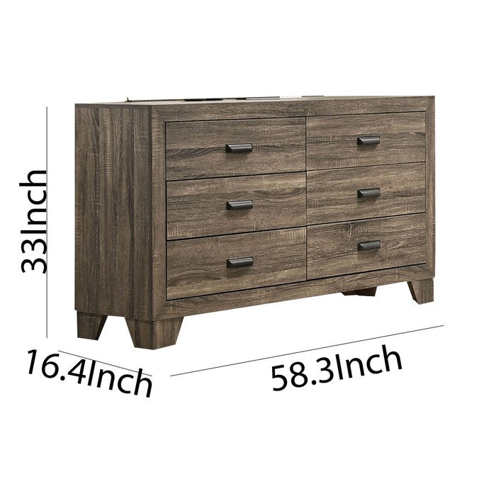 6 Drawer Wooden Dresser with Metal Pulls and Tapered Legs, Brown