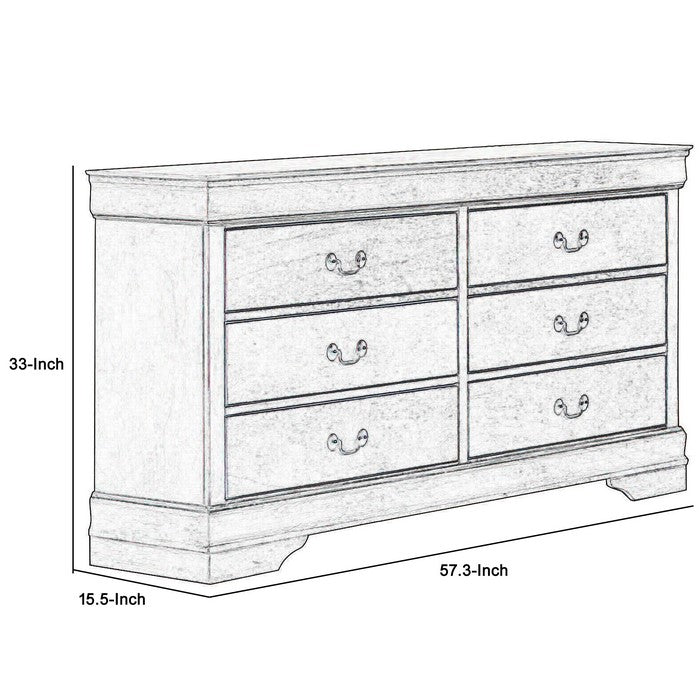 Transitional Style 6 Drawer Dresser with Metal Pulls, Gray