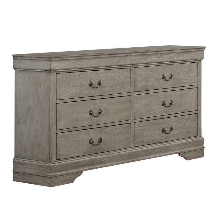 Transitional Style 6 Drawer Dresser with Metal Pulls, Gray