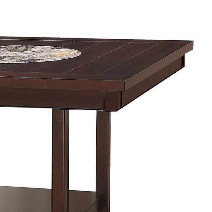 Counter Height Table with Open Bottom Shelf and Lazy Susan, Dark Brown