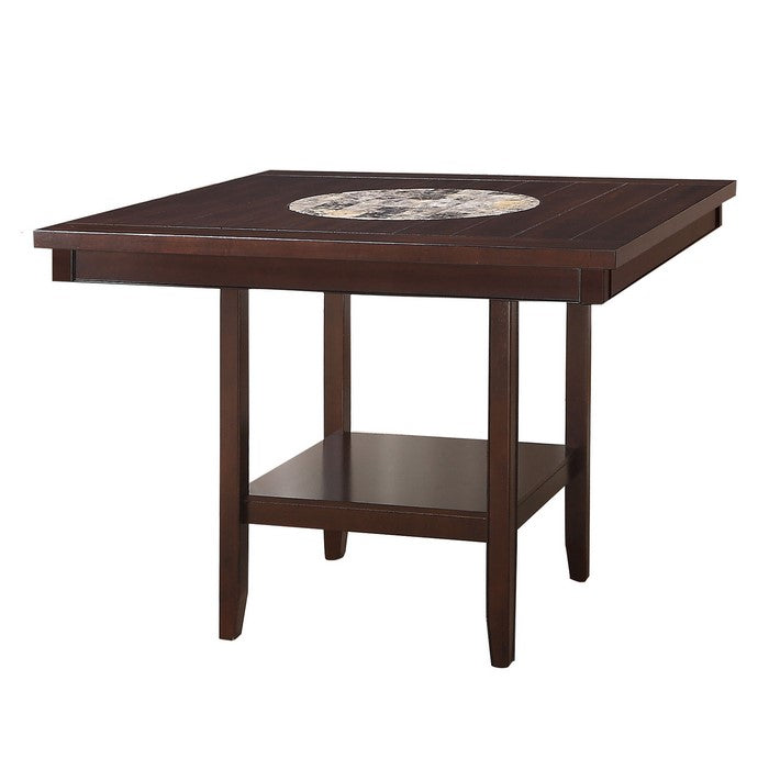 Counter Height Table with Open Bottom Shelf and Lazy Susan, Dark Brown
