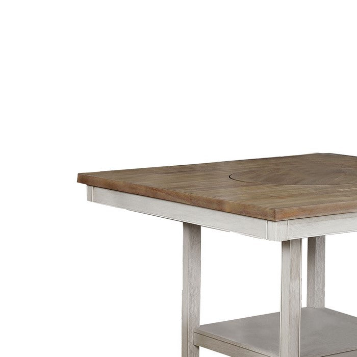 Counter Height Table with Open Bottom Shelf and Lazy Susan, Brown and White